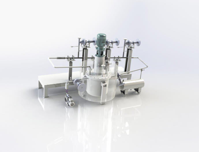 3D visualization of a vertical reactor system equipped with a mixing motor, piping network, and circulation pump. 3D visualization of a vertical reactor system equipped with a mixing motor, piping network, and circulation pump.